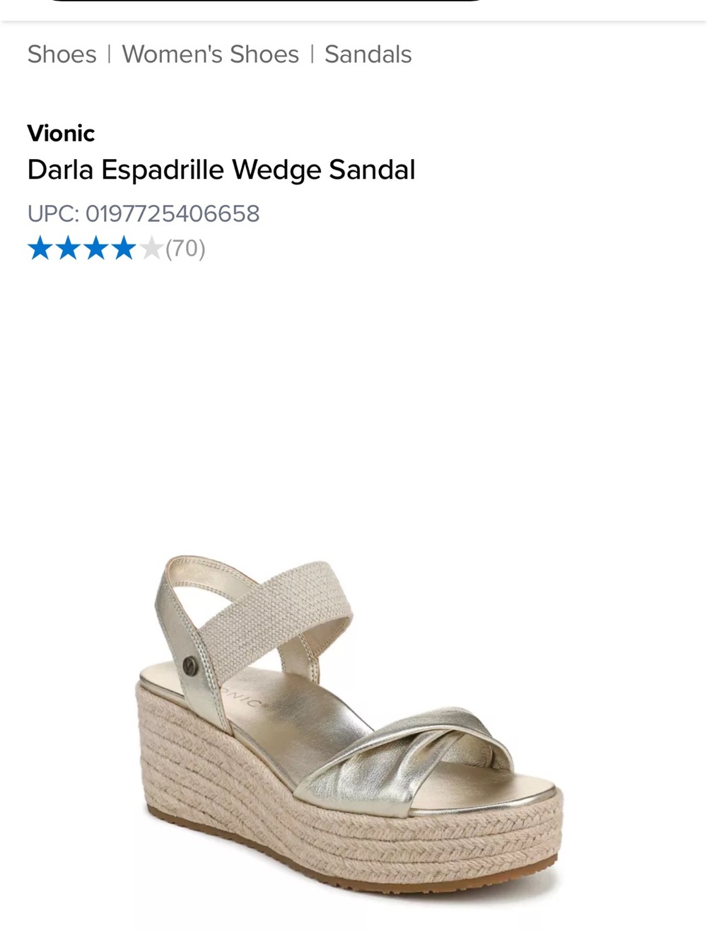 Vionic Gold Metallic Espadrille Wedge Sandals - Picture 9 of 10